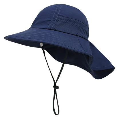 Infant wearing a cute animal-themed adjustable sun protection bucket hat, ideal for beach outings or playground fun.