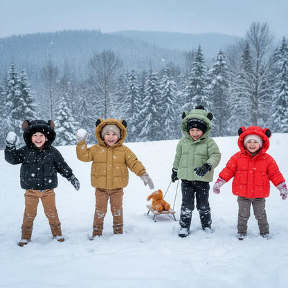 Adorable toddler winter coat with bunny ears, warm quilted design for boys and girls.