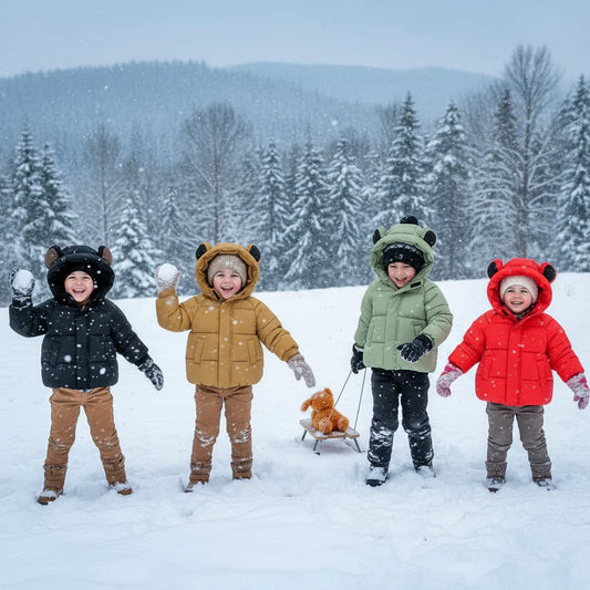 Adorable toddler winter coat with bunny ears, warm quilted design for boys and girls.