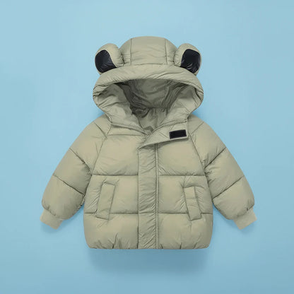 Detail of the bunny ears on the hooded toddler coat, adding a fun touch to kids outerwear.