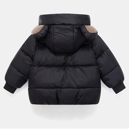 Pink toddler quilted winter coat with sweet bunny ears, ideal outerwear for cold weather.