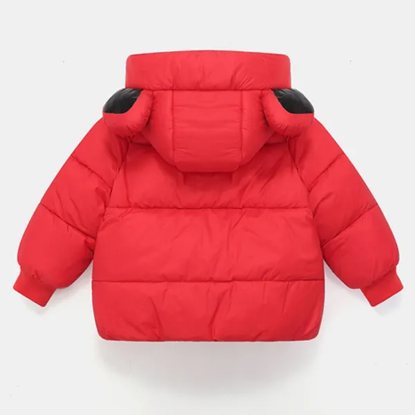 Toddler model wearing a cozy hooded winter coat with bunny ears, stylish kids fashion.