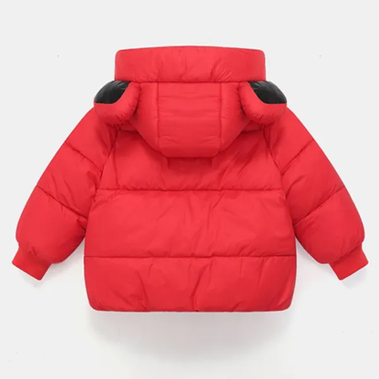 Toddler model wearing a cozy hooded winter coat with bunny ears, stylish kids fashion.