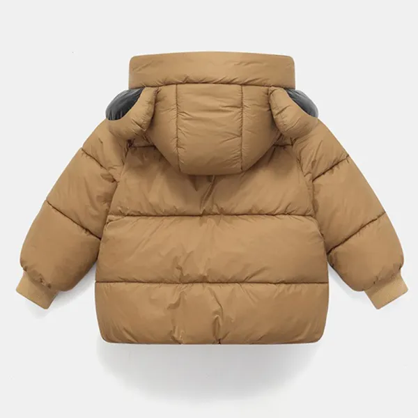 Front view of a warm toddler winter jacket with bunny ears and functional zipper closure.