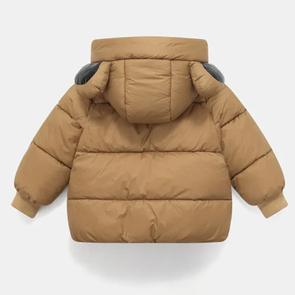Front view of a warm toddler winter jacket with bunny ears and functional zipper closure.