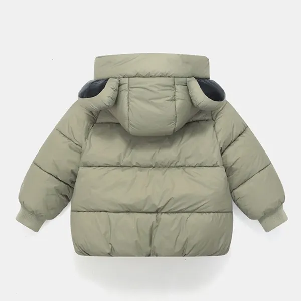 Back view of a quilted toddler coat, highlighting the cute bunny ear hood design.