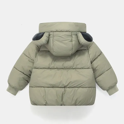 Back view of a quilted toddler coat, highlighting the cute bunny ear hood design.