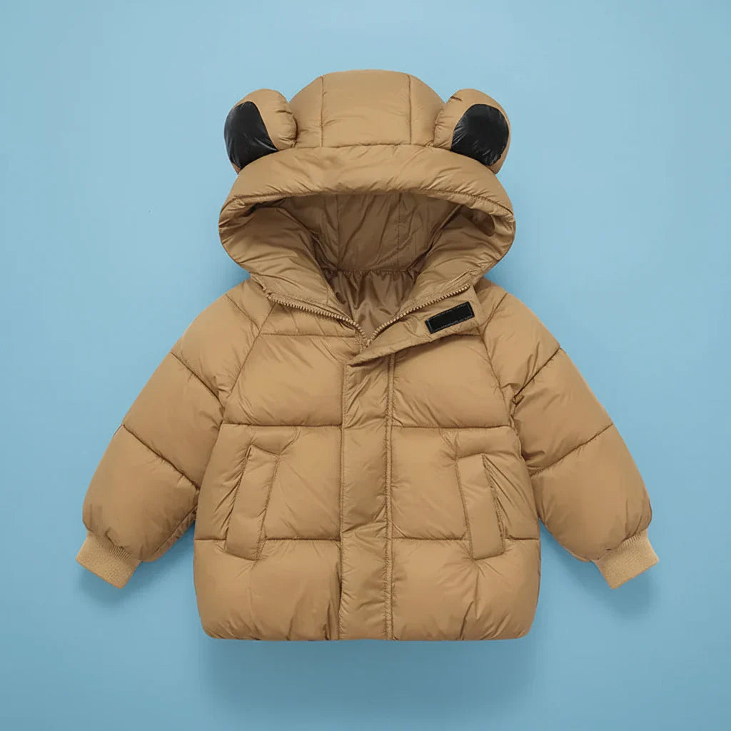 Toddler winter coat with bunny ears laid flat, showcasing its full design and warmth.