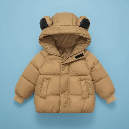 Toddler winter coat with bunny ears laid flat, showcasing its full design and warmth.
