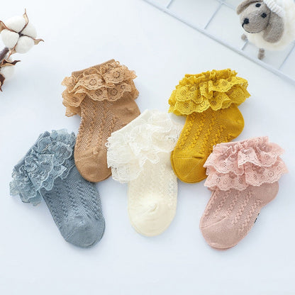 Close-up of the elastic cuff and ruffle detail on a pair of kids' ankle socks