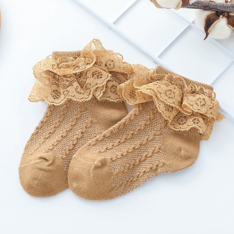Soft peach lace ruffle ankle socks, comfortable and stylish kids fashion