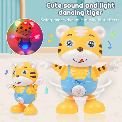 Cheerful baby electric dancing tiger toy in motion, an engaging musical and early learning doll