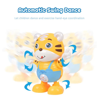 Packaging for the baby electric dancing tiger toy, highlighting musical and early education benefits