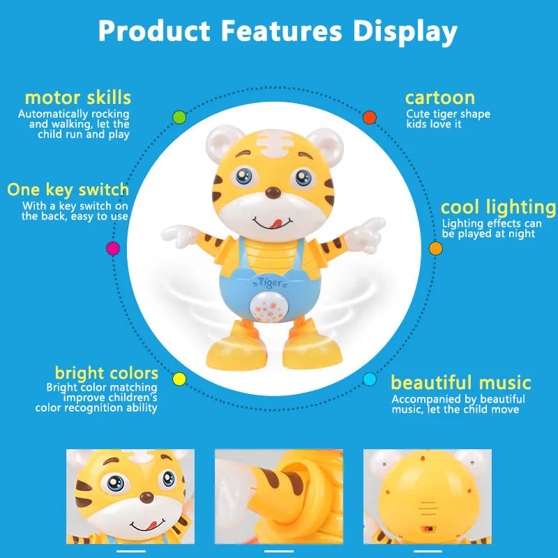 Group of electric dancing tiger toys, showcasing vibrant colors and early learning features