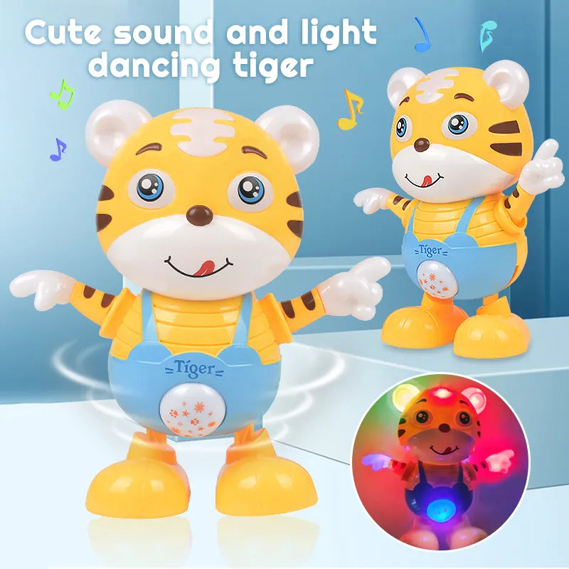 Close-up of a smiling cartoon tiger doll, an electric musical early education baby toy