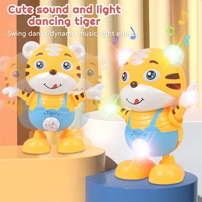 Side view of a happy baby electric dancing tiger, great for early learning and sensory play