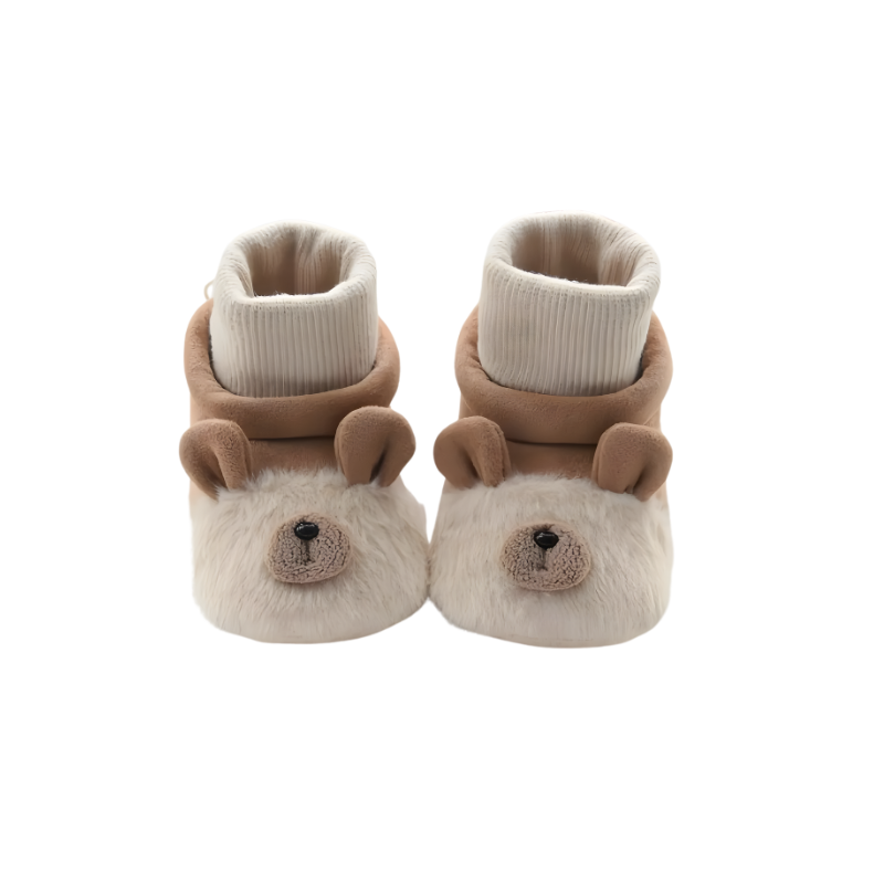 Charming brown bear baby animal sock shoes, warm fleece, non-slip sole for new walkers, great baby shower gift.