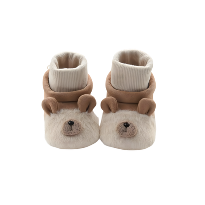 Charming brown bear baby animal sock shoes, warm fleece, non-slip sole for new walkers, great baby shower gift.