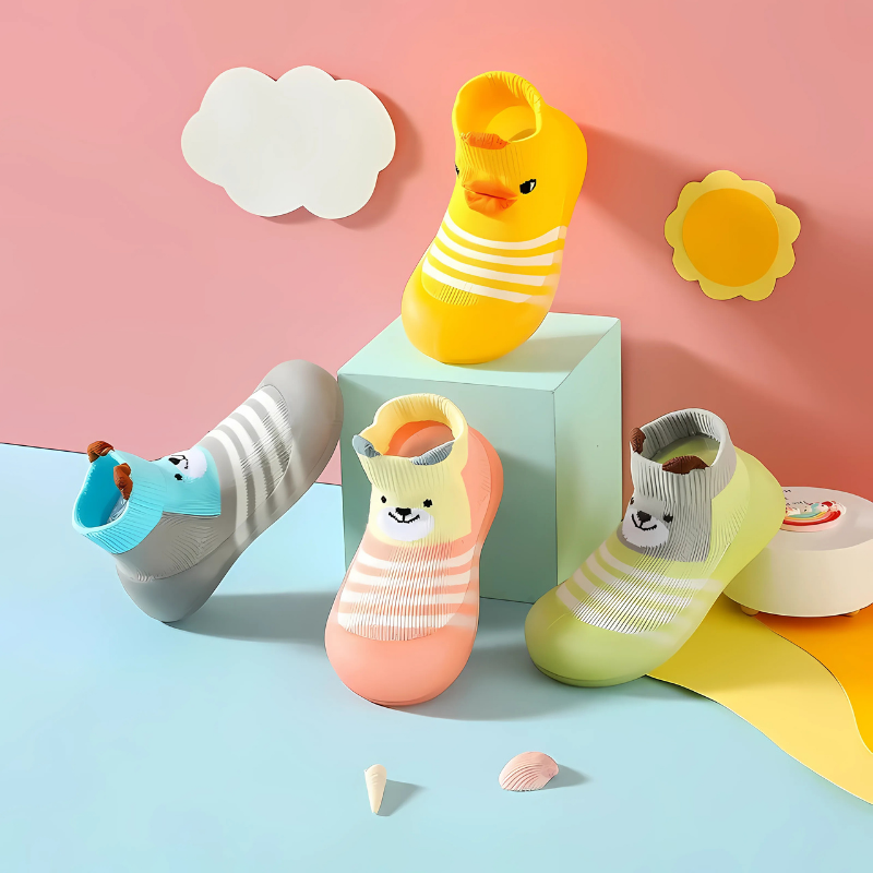 Adorable yellow duck baby anti-slip slipper socks for comfortable first steps and toddler play on any surface.