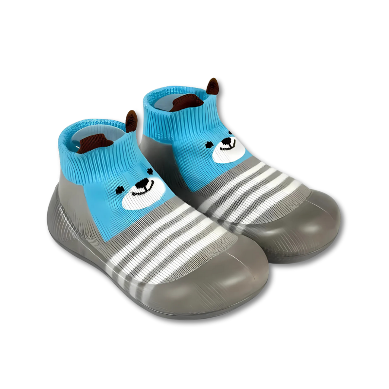 Green frog baby anti-slip slipper socks, designed for infant and toddler safety during play, super soft cotton.