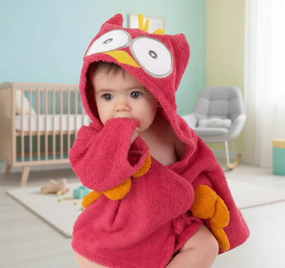Stack of colorful baby animal hooded bathrobes, soft absorbent cotton, various designs