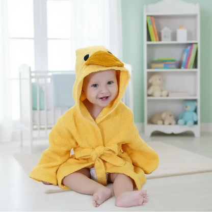 Child smiling while wearing a patterned animal hooded bath robe, warm cotton for comfort