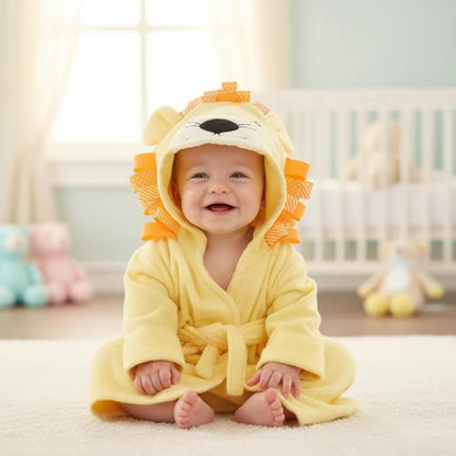 Infant wrapped in a cozy animal hooded bath towel, soft absorbent cotton, ideal for delicate skin