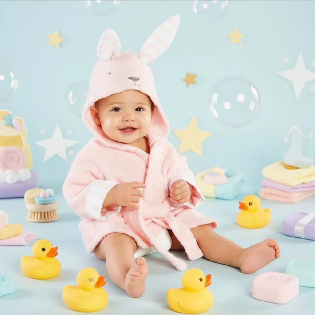 Toddler in a white lamb hooded bath cape, soft absorbent cotton, perfect for kids
