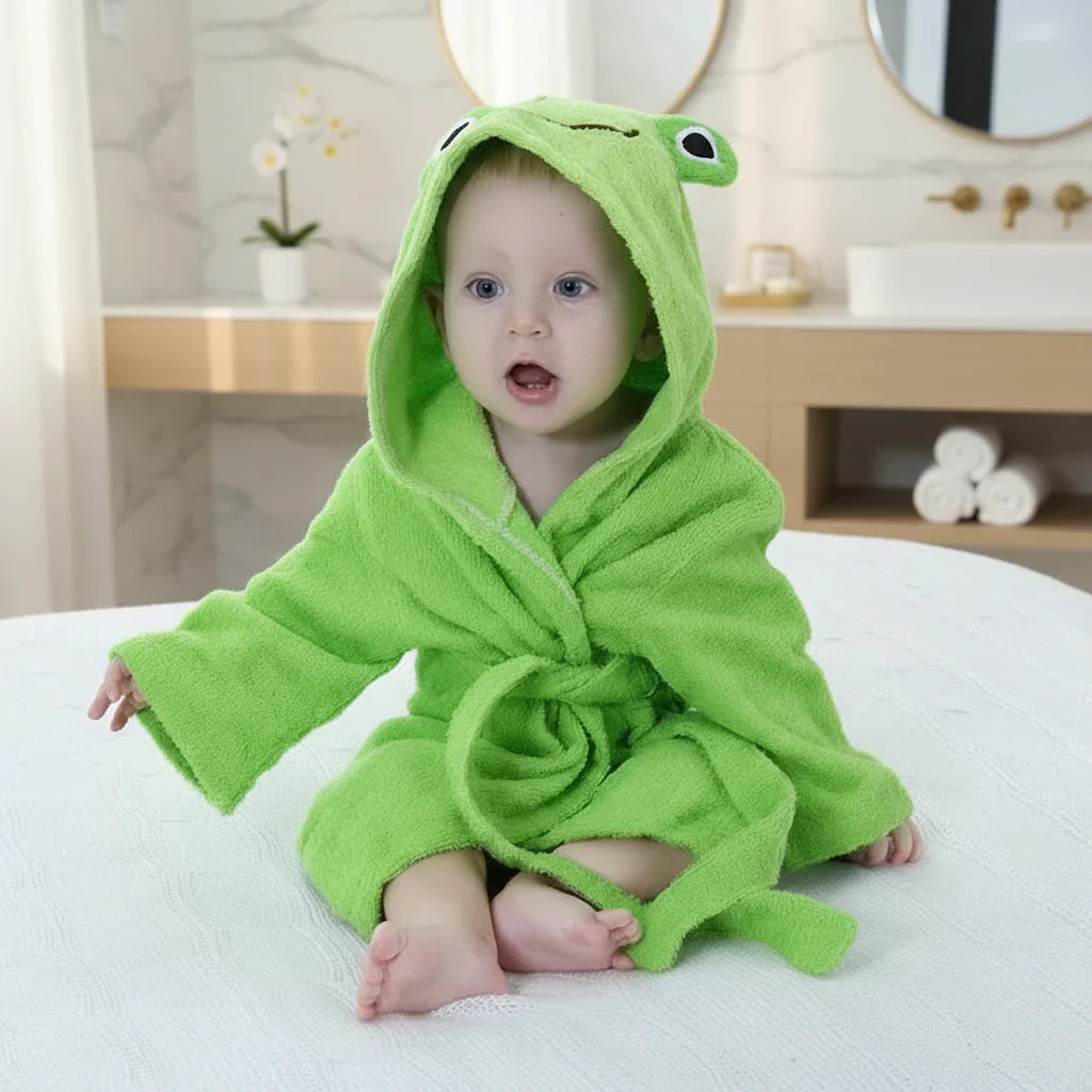 Close-up of animal hood detail on a baby bathrobe, plush cotton, inviting comfort