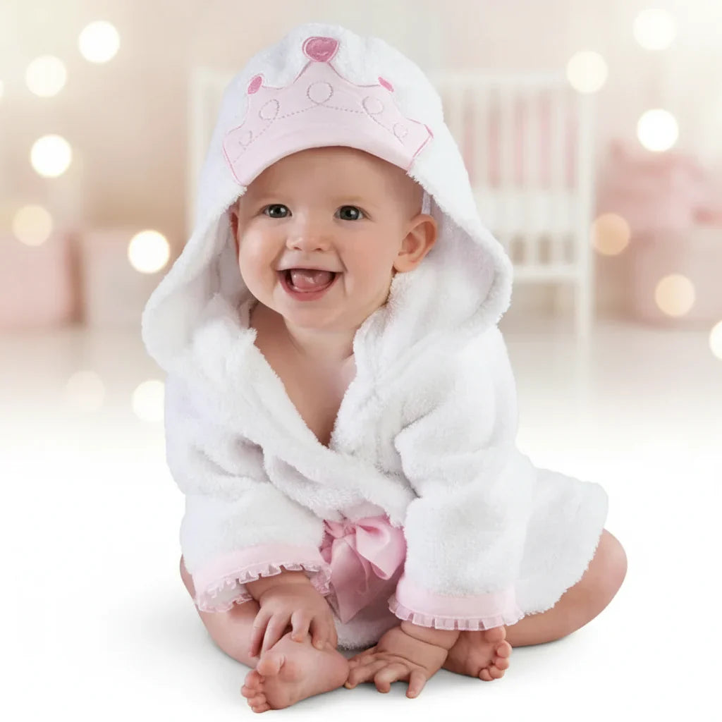 Folded baby animal hooded bathrobe, soft absorbent cotton, ready for gifting