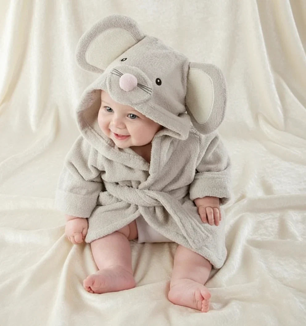 Happy child wrapped in a vibrant animal hooded bath towel, cozy cotton, bath time fun