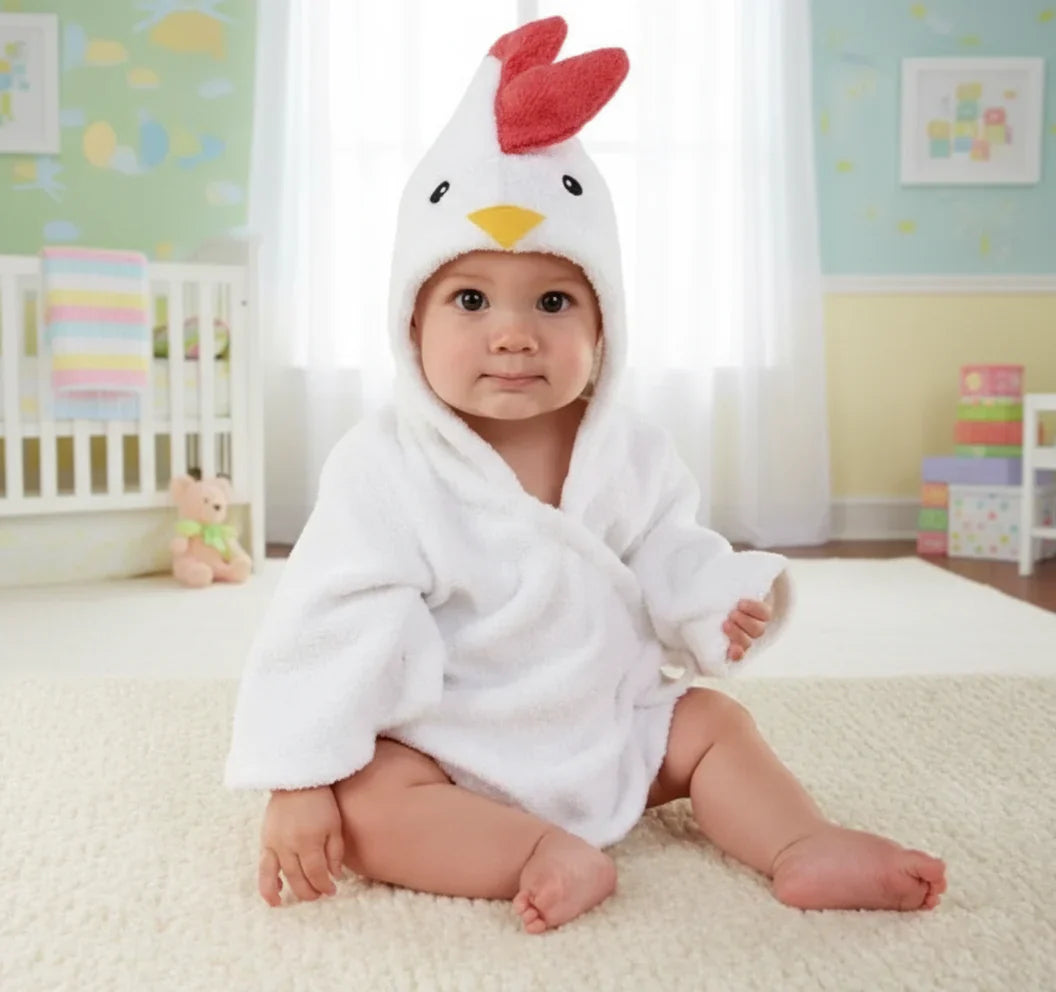 Back view of a baby in a hooded bath cape, soft cotton, showing full design