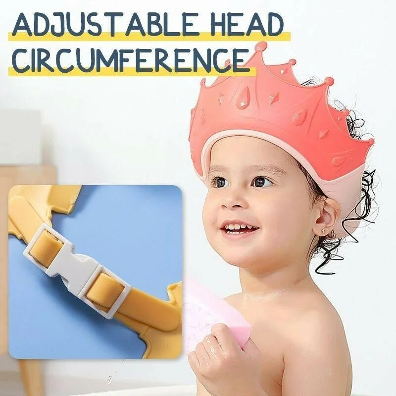 Child smiling while wearing a cartoon waterproof shower cap during a fun, tear-free bath