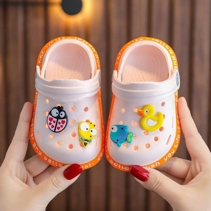 Adorable yellow duck children's anti-slip summer slippers with back strap for toddlers, PVC material.