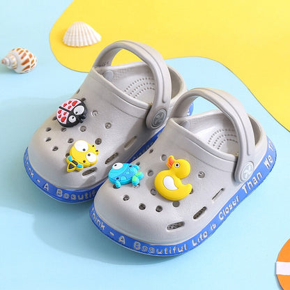 Group of happy children's anti-slip summer slippers with back straps, depicting various cute cartoons.