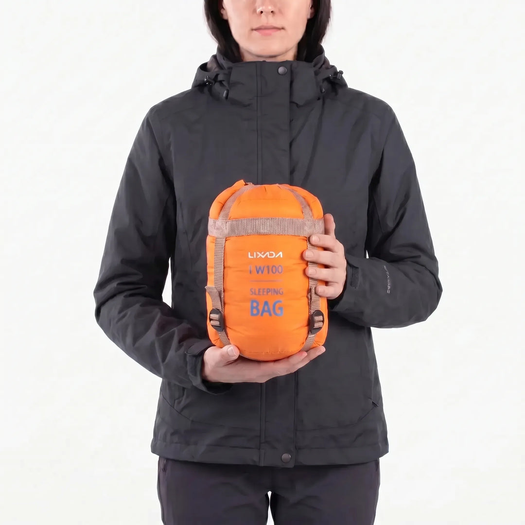 Portable ultralight adult's sleeping bag, compact for easy packing on hiking and camping trips.