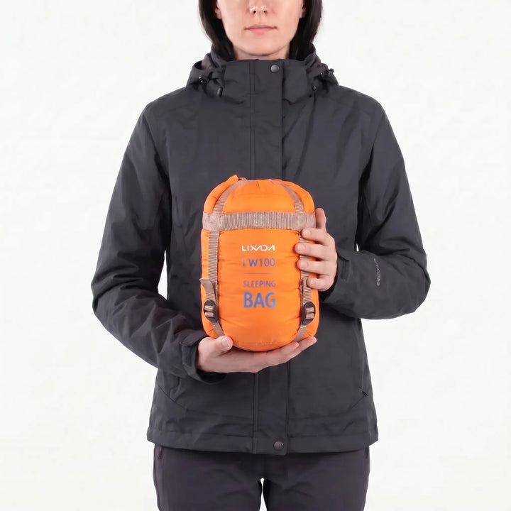Portable ultralight adult's sleeping bag, compact for easy packing on hiking and camping trips.