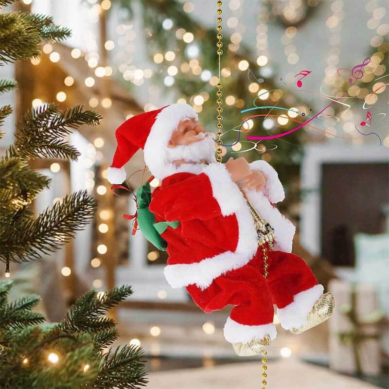 Close-up of animated Santa Claus climbing a ladder, detailed Christmas decoration, musical holiday toy.