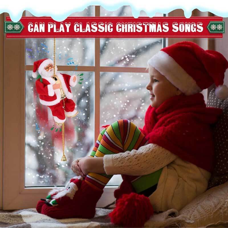 Full view of an animated climbing Santa Claus, a cheerful Christmas decoration for holiday fun and joy