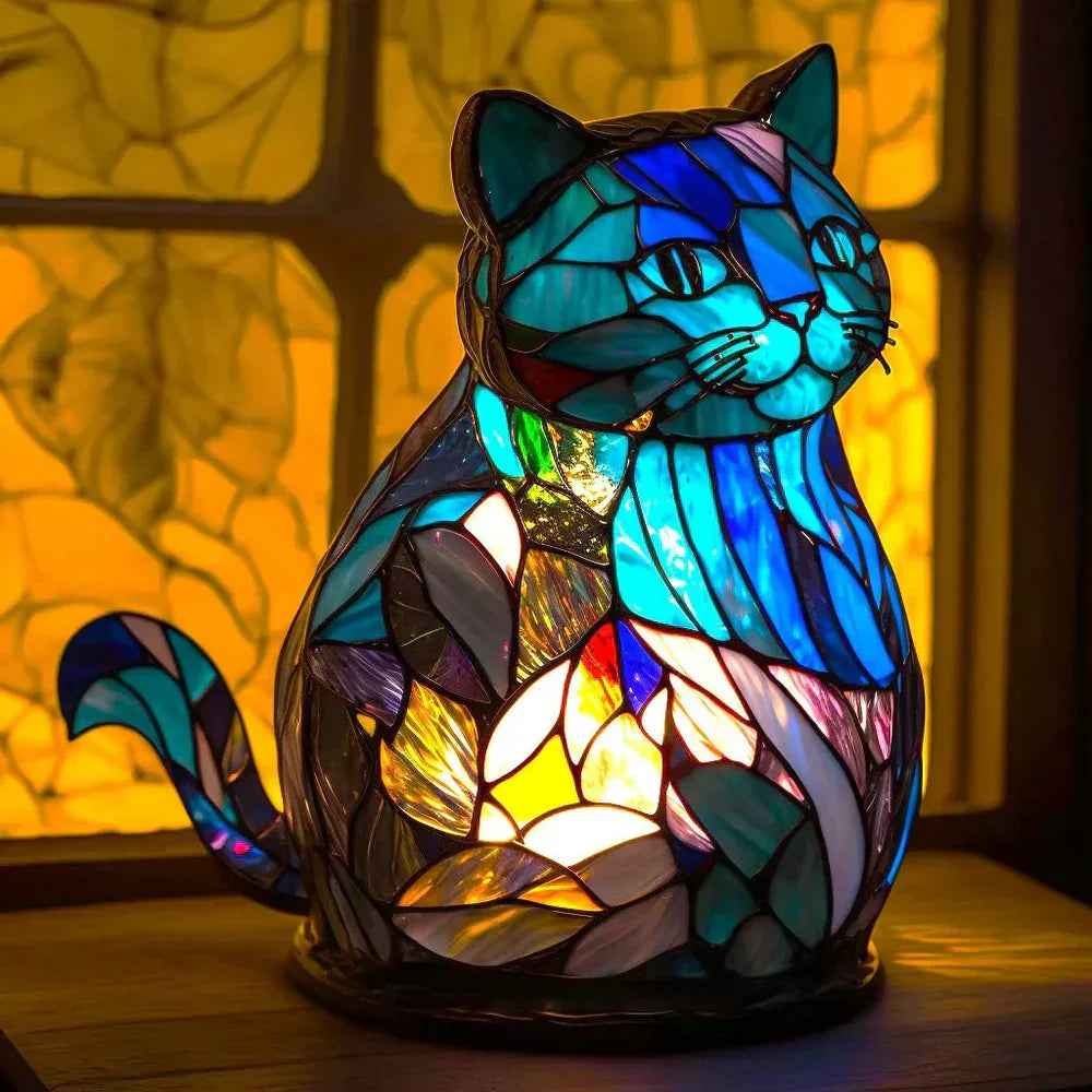 Vibrant stained glass animal table lamp, a focal point in any living room or entryway.