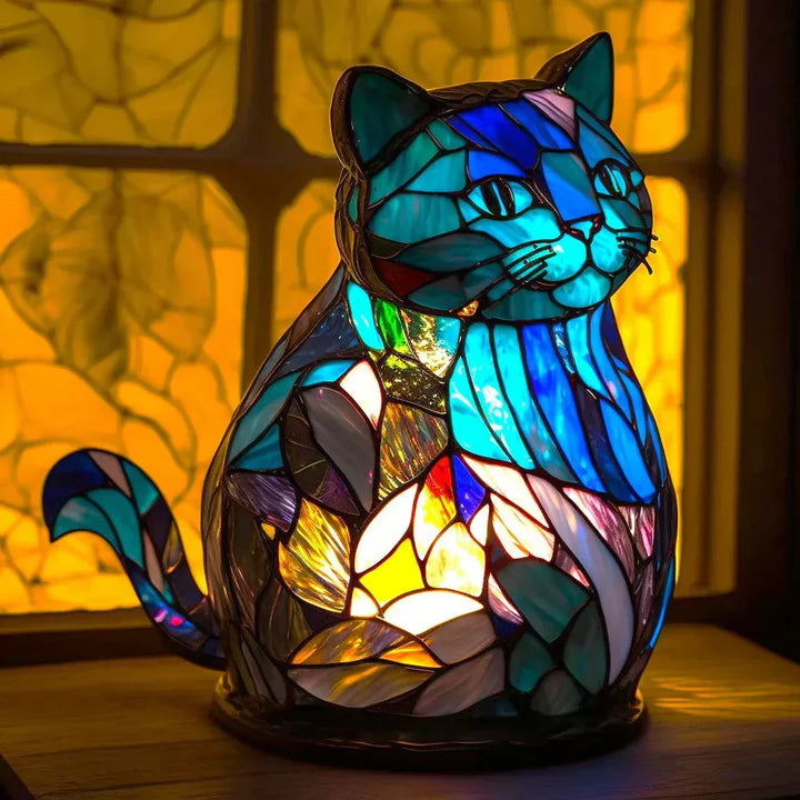 Vibrant stained glass animal table lamp, a focal point in any living room or entryway.