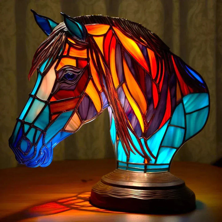 Detailed animal stained glass lamp, showcasing intricate glass work and rich colors.