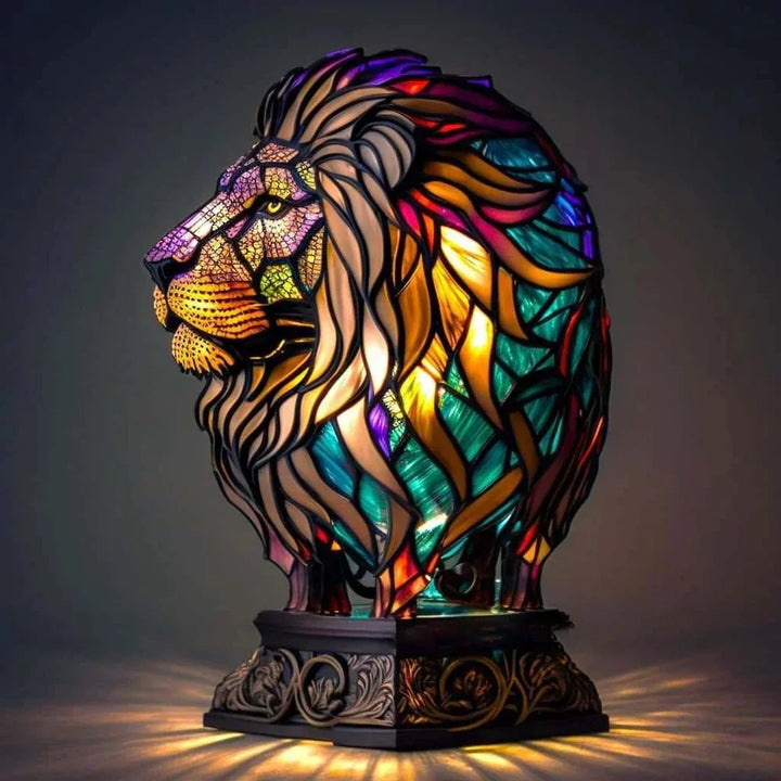 Glowing animal stained glass table lamp, casting warm, colorful light in any room.