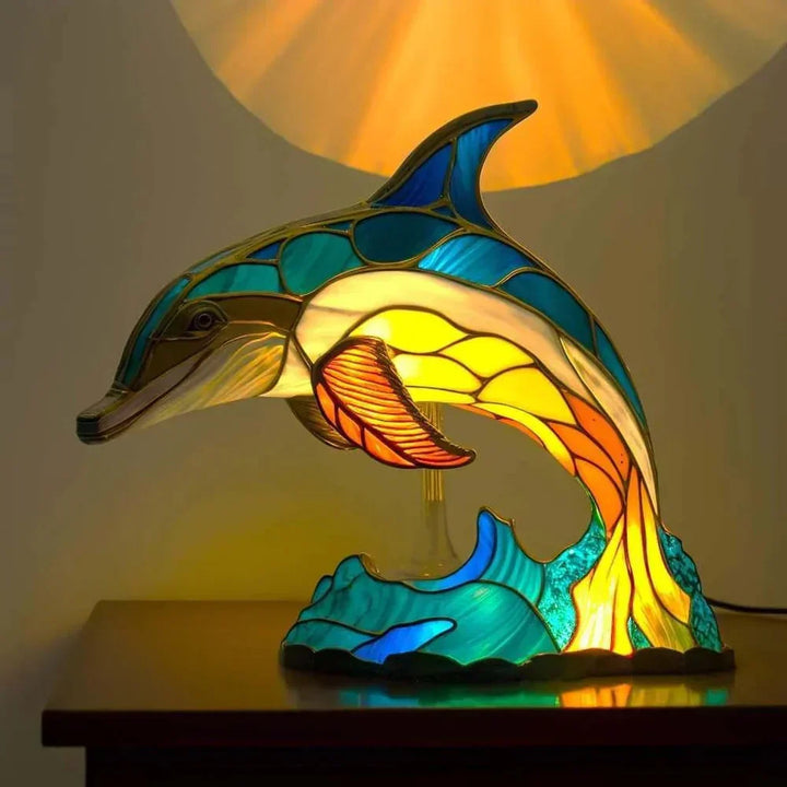 Elegant animal stained glass lamp, casting warm light and enhancing bedroom decor.