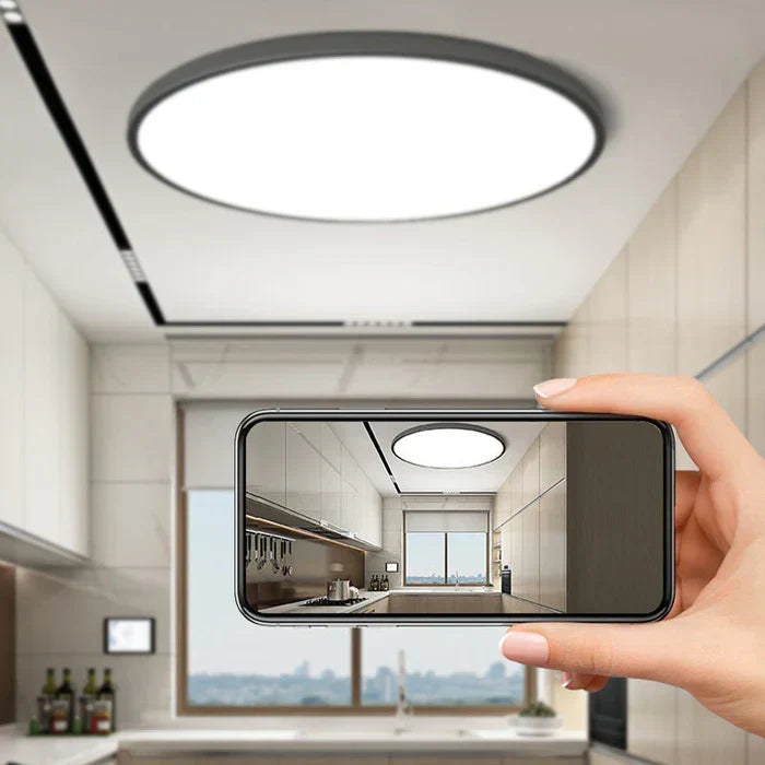 Residential AuraSphere LED ceiling light; contemporary flush mount design for elegant, modern indoor lighting.