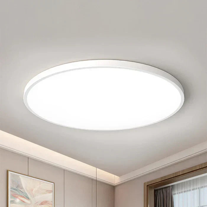 White AuraSphere Modern LED ceiling light; sleek, energy-efficient and minimalist for contemporary home decor.