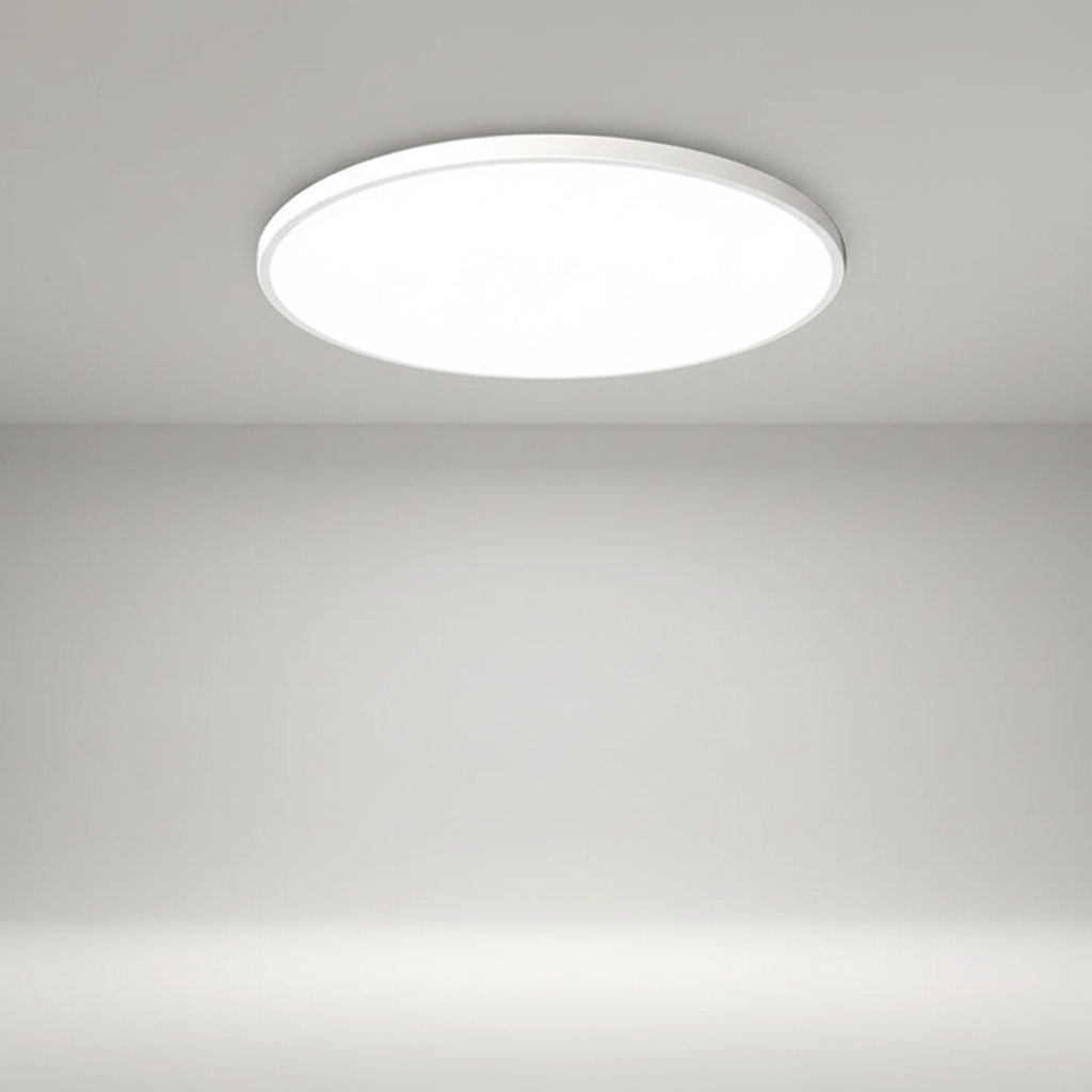 AuraSphere LED modern ceiling light; flat, minimalist design provides warm, ambient illumination for any room.