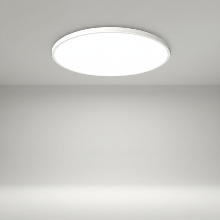 AuraSphere LED modern ceiling light; flat, minimalist design provides warm, ambient illumination for any room.