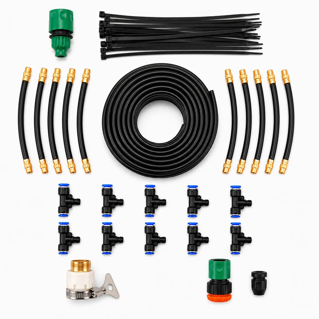Outdoor automatic misting system, perfect for watering lawns, gardens & cooling spaces.