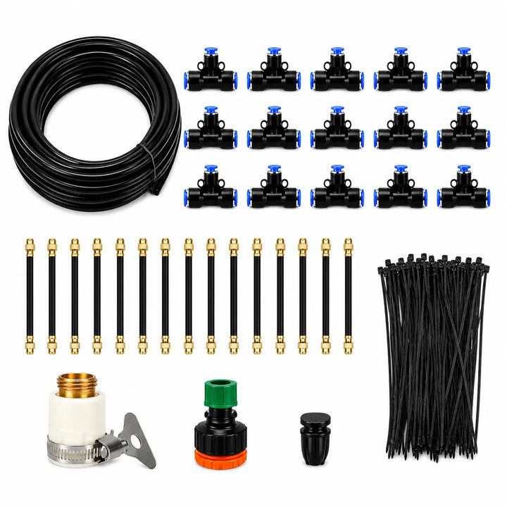 Efficient garden misting system delivers gentle cooling and hydration for all plant types.